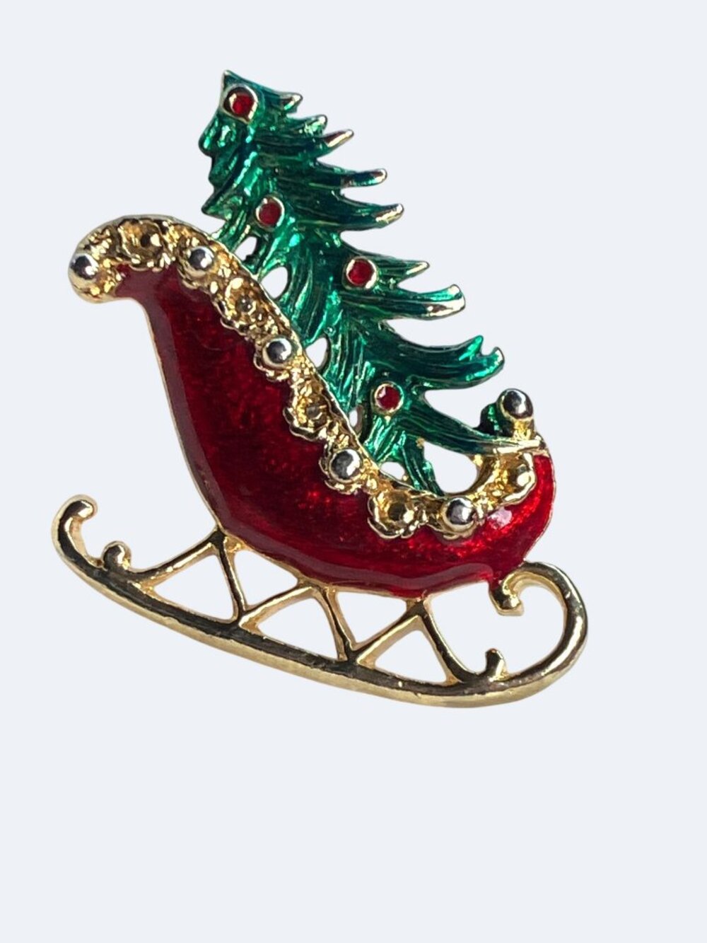 Christmas Sleigh Pin Brooch With Red Enamel Green Tree Design Christmas